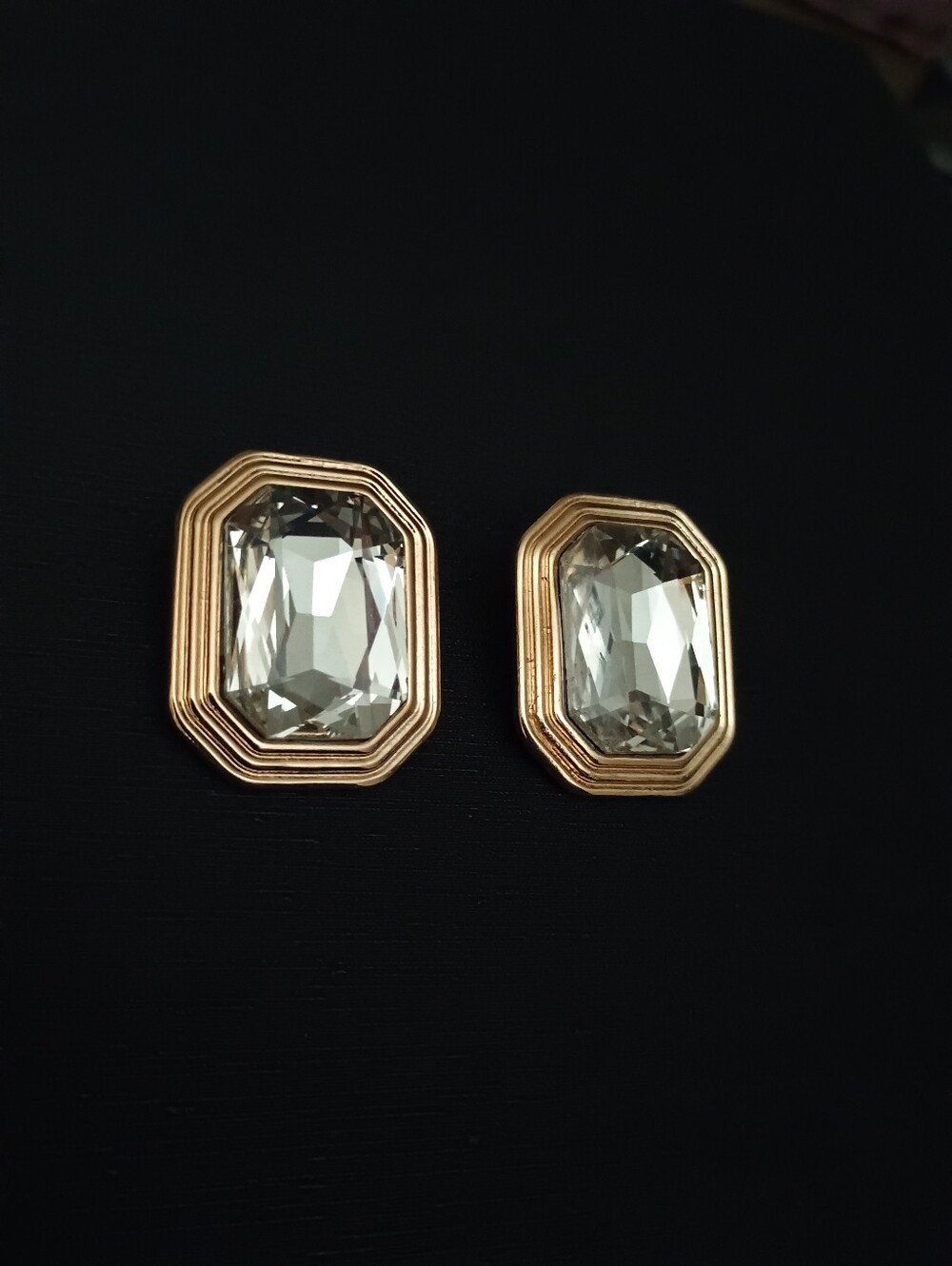 Vintage Gold-Tone Clear Crystal Octagon Stud Earrings